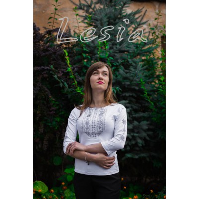 Embroidered t-shirt with 3/4 sleeves "Lace" gray on white